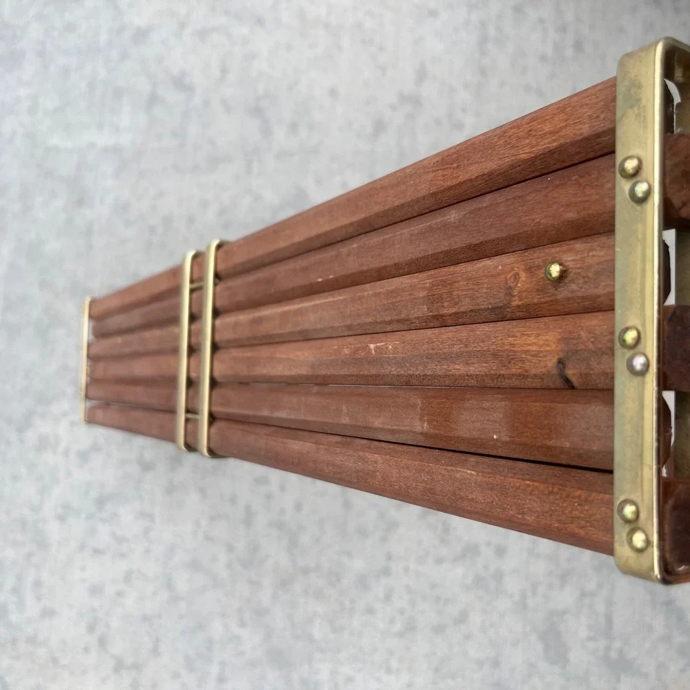Vintage Mid Century Modern Adjustable Wood and Brass Wall Shelf 24-45 Inch Wide